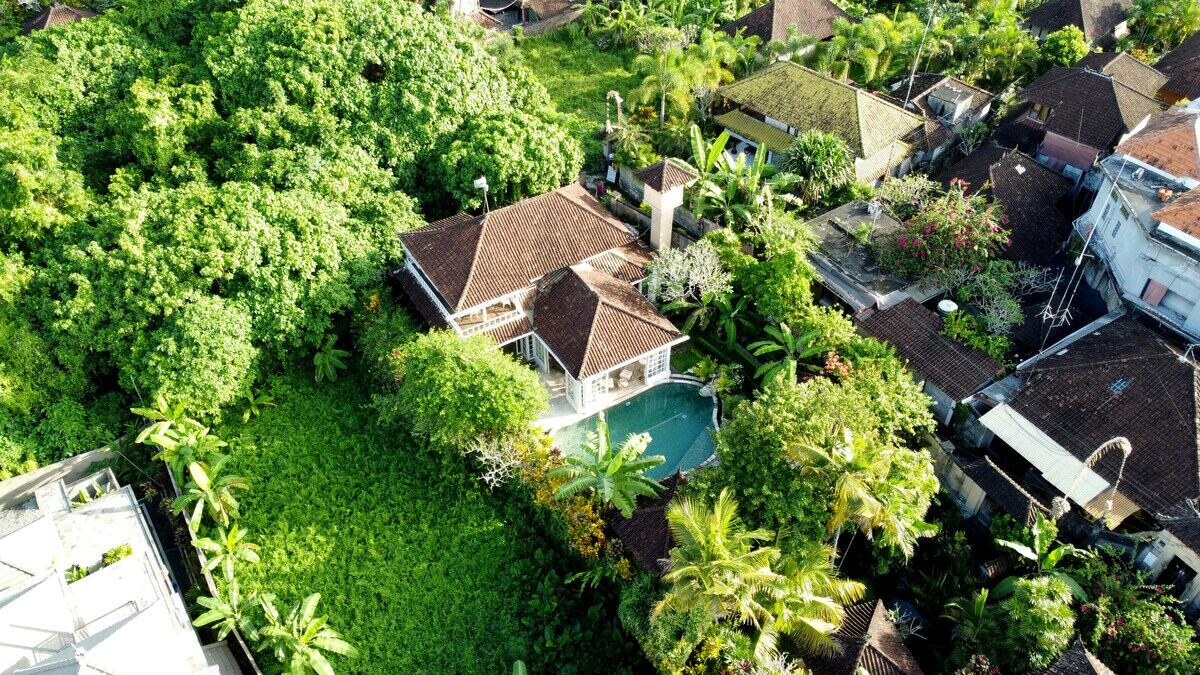 The villa and its pool from above, deep in the green