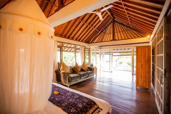 The upstairs bedroom, king bed beneath a mosquito net, doors open to the morning