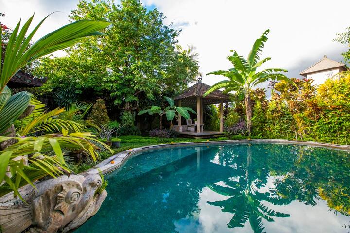 Palms reflected in the still water of the pool