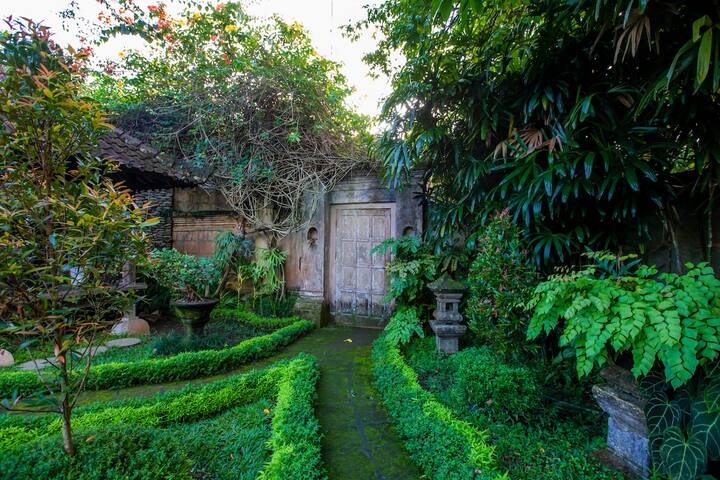 A clipped garden path leading to the villa